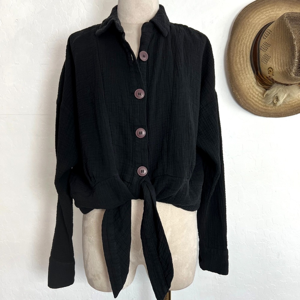 Free People Sunstreaks Tie Front Cotton Gauze Button Down Shirt Top Black S